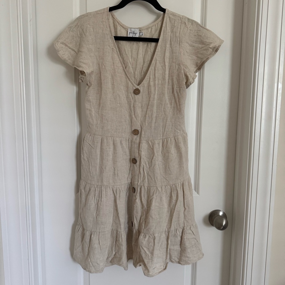 Polly Linen Cream Button-Down Tiered Babydoll Dress, 4